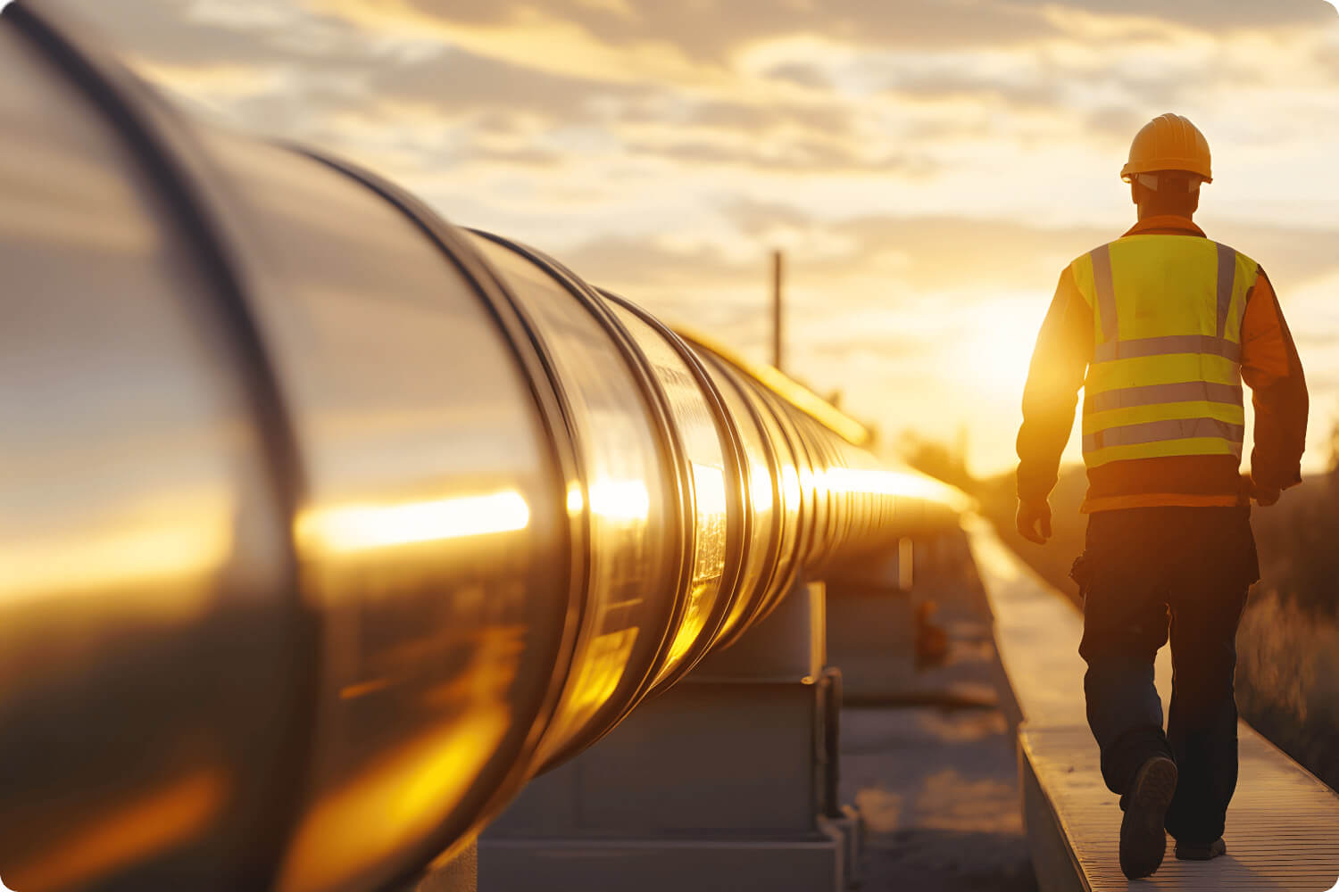 Man walking by pipe toward sunset
